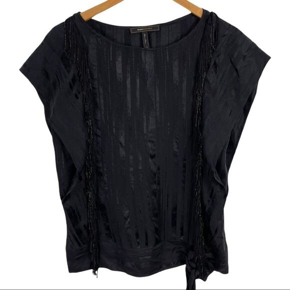 BCBGMAXAZRIA Black Silk Ruffle Blouse Top Beaded Fringe with Shinny Stripes XXS - Picture 14 of 16
